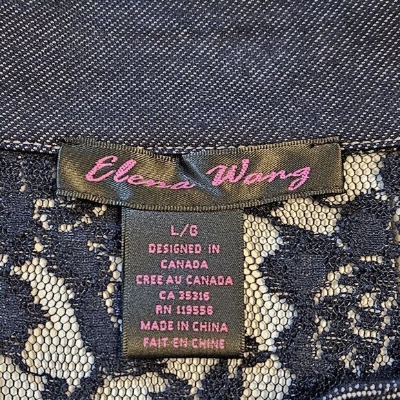 Elena Wang Top Womens L Indigo LS Lace Pullover Chambray Stretch Boho Whimsigoth - Picture 3 of 13